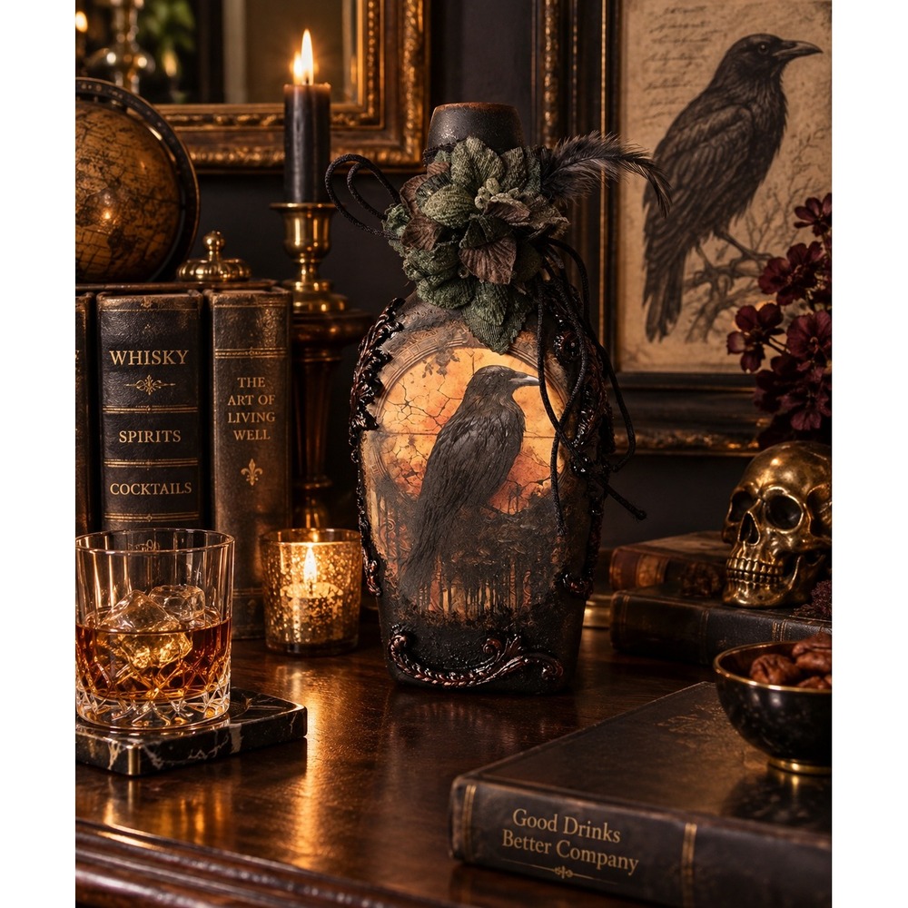 Handcrafted Raven Decorative Bottle Gothic Art  Gift Dark Academia Halloween